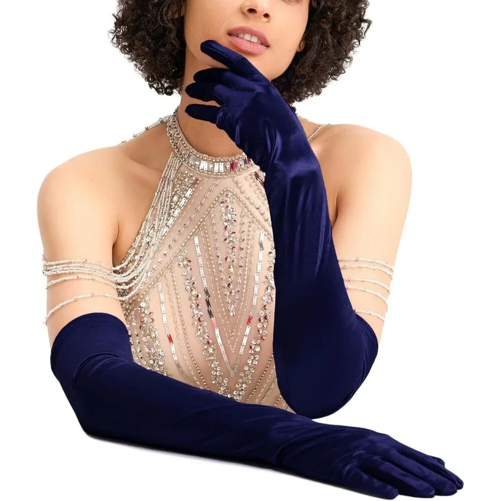 Women's Evening Navy Long Satin Gloves Elbow Length Formal Party Prom Wear